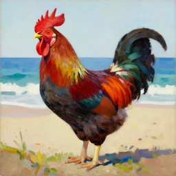 rooster, beach, painting, fine art, hard edge painting, tonal colors, polychromatic - colors, by richard dadd