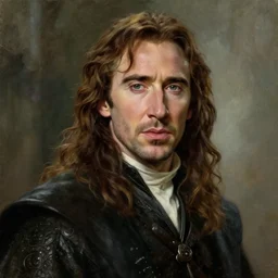 portrait of nicolas cage as aragorn, action shot, strider, king elessar, by alan lee, lord of the rings, smooth, detailed terrain, oil painting, matte painting, concept art, trending on artstation, promotional artwork, film still, elegant, photorealistic facial features, intricate, detailed face, cinematic lighting