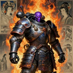 composition of gothic and futuristic, warhammer, cyber japan samurai armor, more and more scars, fireerstorm, purple head, some orange and blue, the middle ages, highly detailed, artstation, in the style of moebius, jugendstil and classic japanese print, art by jean delville, compositon by rene magritte