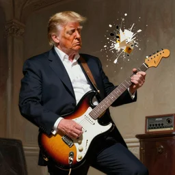 President Trump Shredding on an electric guitar in the style of Frank Frazetta