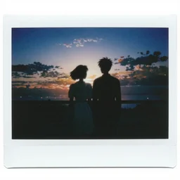 polaroid of a dream, silhouettes, reflection, double exposure, high contrast, by Hayao Miyazaki