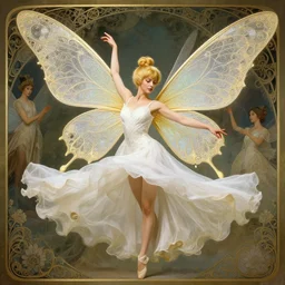 tinker bell with butterfly wings, intricate, elegant, d & d, powerful, dancing, fantasy, art nouveau, white dress, wide shot, art by artgerm and greg rutkowski and ruan jia and peter polach