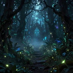 neo-gothic bioluminiscent woodland details, Afrofuturism vaporwave style, bioluminiscent fireflies, layered fog, moody volumetric lighting, digital arts, 8K