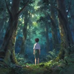 a painting of a person standing in the middle of a forest, a matte painting by makoto shinkai, pixiv contest winner, breathtaking lights, fantasy art, anime aesthetic, anime, fantasy