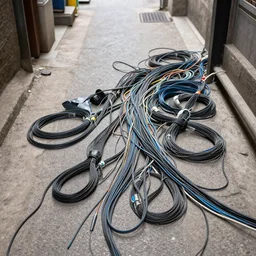 way too many bundles of cables laying across a walkway