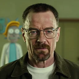 portrait of walter white in the style of justin roiland. heisenberg from breaking bad. cinematic lighting. style of rick & morty. photographic, photography. by justin roiland