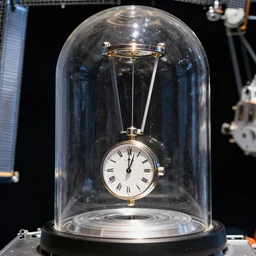 photo of a torsion pendulum clock in its glass dome floating inside the iss. highly - detailed, award - winning