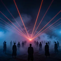 love, giant group, smoke lasers, darkness, from behind, rebirth rituals, wide angle, elaborate, smoke, red dot, orange line, blue mist, highly detailed, beautiful lighting
