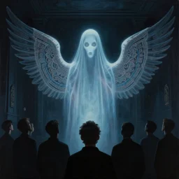 a dark room with a evil ghost - like hologram face in the centre of the room with a group of silhouettes of men looking upto it from behind by craig mullins, ilya kuvshinov, krenz cushart, epic, german engineering, painting artgerm trending on artstation by edward hopper and dan mumford and wlop and rutkovsky, giant mandala wings