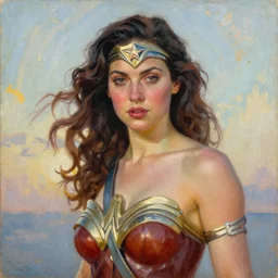 Female portrait of Wonder Woman in the morning sun, Danile Gerhartz, oil painting
