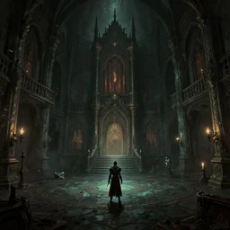 dark sinister house interior by Bastien Lecouffe-Deharme and Charles Bowater, Greg Rutkowski, adventure game, inspired by Diablo concept art