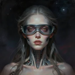 surreal portrait of a woman by Greg Rutkowski and H.R Giger, a woman with a kind of visor in front of her eyes, transformed into a kind of biomechanical transhuman goddess, disturbing, terrifying but fascinating, cosmic void background, frightening, fascinating, highly detailed portrait, digital painting, book cover, artstation, concept art, smooth, sharp foccus ilustration, Artstation HQ.