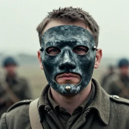 a man at wearing iron mask in distance, ww1 film photo, grainy, high detail, high resolution