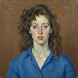 expressive medium shot portrait of a pale young 8 0 s model woman with curly brown hair, big lips, wearing a blue shirt, brown background, oil painting, impasto, muted colors, artwork by lucian freud, arnold bocklin, ossip zadnike