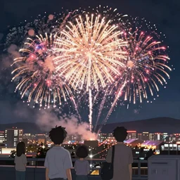 the city is holding a grand fireworks show, your name, makoto shinkai style, animation style