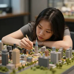 Bored girl destroying a detailed miniature diorama of a city, photography 4k, f1.8 anamorphic, bokeh, 4k, Canon, Nikon