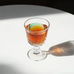 a crystal glass of colored cocktail casting caustics on a white table morning light