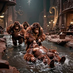 oompa loompas drag out a chocolate corpse from a dark river in Wonka’s chocolate factory, film still from the movie directed by Denis Villeneuve with art direction by Zdzisław Beksiński, wide lens