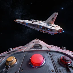 digital art view unreal engine render of flying a futuristic vivid contrasted button and knob laden spaceship through the stars. wide angle first person gopro shot from within a scifi cockpit. exif. ralph mcquarrie.