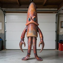 giant anthropomorphic squid standing in his garage