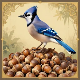 blue jay standing on a huge pile of acorns, digital art, art nouveau style