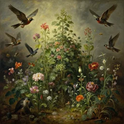 'Life from death' An aesthetic horror painting depicting 'A slaughterhouse with plants and flowers growing all over it, birds and insects flying all around it' by Rembrandt, Trending on cgsociety artstation, 8k, masterpiece, cinematic lighting, highly detailed, vibrant colors.