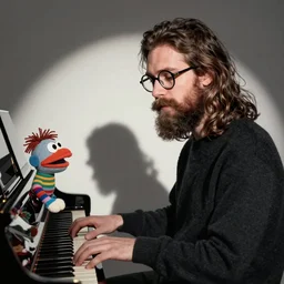 Bo Burnham with long hair and beard with round glasses on, sitting at a piano with a sock puppet, a dimly lit sun set on the wall orange walls in a square room singing Thats How The World Works, Real photo, Album Cover
