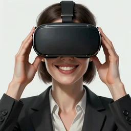 Portrait of a woman by Greg Rutkowski, symmetrical face, a woman using a VR Headset covering her eyes, Kubric Stare, crooked and uncanny smile smile, she's wearing an office outfit, highly detailed portrait, scifi, digital painting, artstation, book cover, cyberpunk, concept art, smooth, sharp foccus ilustration, Artstation HQ