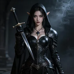 Portrait of a female Elf Rogue named \'Mistress of Death\', high fantasy, epic, black leather armor, detailed sensual face, pretty, dagger, darkness, chiaroscuro, smoke, by Leng Jun, trending, artstationHD, artstationHQ, cgsociety, octane, ultra HD, 8k