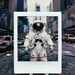 american white spacesuit astronaut with oversized helmet in postapocalyptic abandoned destroyed times square, wrecked buildings, destroyed flipped wrecked cars, giant crater in distance, polaroid photograph!, specks, dirty, stains, dramatic dark imax color still