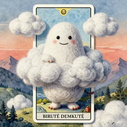 A Mumintroll character in shape of wool felting amazing clouds, illustration by Birutė Demkutė, book cover, colorful background with mountains, 8k resolution, ultra detailed, matte painting, tarot card style, character design, watercolor detailed art