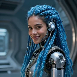 beautiful futuristic himba woman smirking inside a spaceship, glowing white mechanical eye, robotic prosthetic arm, blue glass dreadlocks, hyperrealistic, sci - fi, dramatic lighting, intricate, soft focus