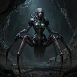 creepy matte painting of an armored woman with spider legs in a dark cave, human arms, ultra detailed, monster, half human half spider, human torso and head, human face, creature design, concept art, dnd, dndbeyond, d & d, 8 k, moody lighting, muted colors, blue tone light, dramatic lighting realistically proportioned body