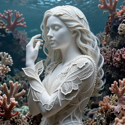 a woman entwined in a coral reef, made of intricate decorative lace leaf skeleton, in the style of the dutch masters and gregory crewdson, dark and moody