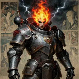 composition portrait of gothic and futuristic, warhammer, cyber german style armor, more and more scars, thunderstorm, fire head, green eyes, yellow and red, highly detailed, artstation, in the style of moebius, jugendstil and classic japanese print, art by jean delville and rene magritte