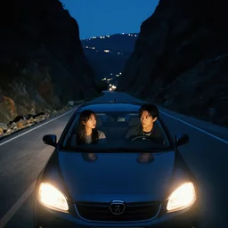 pov a couple is the front seat, headlights of a car shine on a strange dark canyon road, she looks at him with a strange look in her eyes, it's the dead of night, in a distance the city lights glow