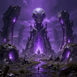 alien landscape, ruined alien structures, glowing purple, beautiful, solarpunk, trending on artstation, 8 k, high detail, by shrimbly flingleston