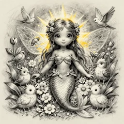 a cross contour drawing of a beautiful fairie, mermaid, female portrait with flowers, whimsical big - eyed character accompanied by animals and birds