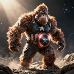 photorealistic art of a sasquatch as captain america, dynamic lighting, space atmosphere, hyperrealism, stunning visuals