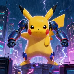 giant mecha- Pikachu destroying a cyberpunk city at night, neon, by Josan Gonzalez and Craig Mullins, raining, thunder, electricity