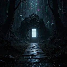 glitchcore glitch art dark subversive hidden stone pathway secret door mountains environment design beautiful mysterious, haunted spirits and ghosts, 8 k, ultra hd, night with a light from the window, against a matrix background, all black room and setting, glitch art, trending on artstation, high detail, 8 k, cgsociety, hypermaximalist, octane render, cinematic lighting, post apocalyptic, data, code, mutek, nervous system, parametric, octane render, sci fi, glitch,