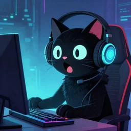 cool digital painting, close - up surprised happy!! gamer black cat playing computer games, wearing headphones, synthewave, cyan, by tim burton