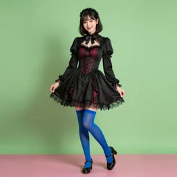 full - length photo, young woman, gothic clothes, blue stockings, smiling at camera, 4 k, colourful