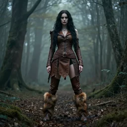 savage woman, clothed in brown leather, fur boots, long hair, unwordly, beautiful, ghostly forest, by steve henderson