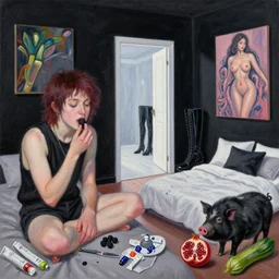 realistic painting of queer artist's bedroom with black walls, emo artist eating blackberries, knife, tesla model x, paint tubes, a liminal doorway to the future, zen, high black boots, pomegranate, a black pig, courgette, octopus, sensual, acrylic and oilstick on canvas