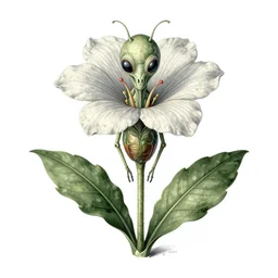alien insectoid plant with alien flower vintage botanical illustration style, made by Ernst Haeckel