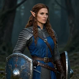 detail portrait of pretty woman dressed chain mail, blue surcoat, female, strong, middle age, fantasy, dark forest background, digital art, awar winning, hand on the scabbard, shield down, leather gloves, wide belt, elf, long weaving brown hair, celshading, sharp focus, intricate, looks right by loles romero, greg rutkowski, ilya kuvshinov