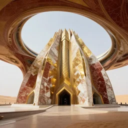 interior of a futuristic organic temple with gold, red and white marble panels, in the desert, by buckminster fuller and syd mead, intricate contemporary architecture, photo journalism, photography, cinematic, national geographic photoshoot