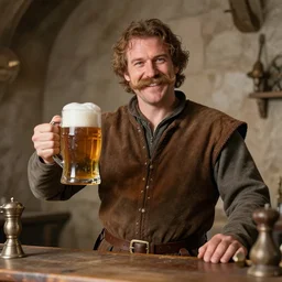 medieval barkeep serving up ale, fantasy, cheery, moustache, realistic still