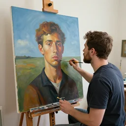 man paintng his self, art atation, surreal art